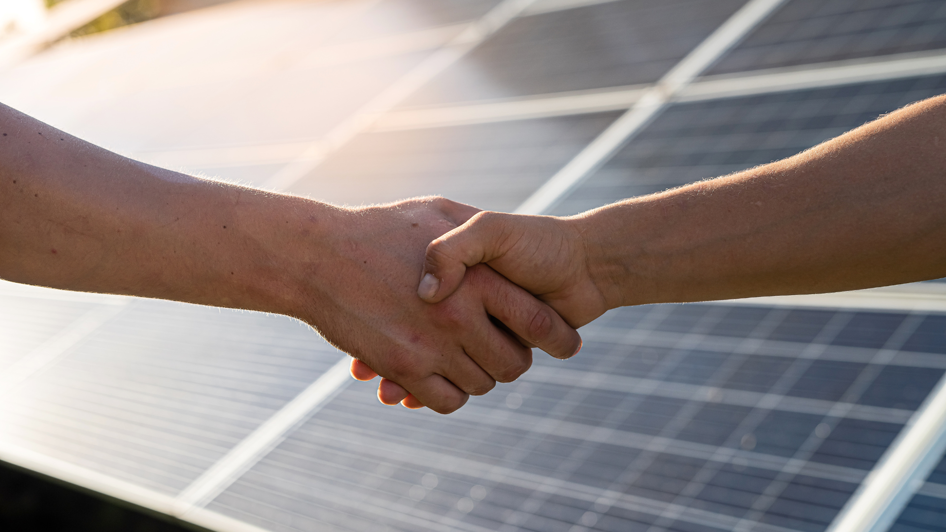 Ein Handschlag vor einer Photovoltaikanlage