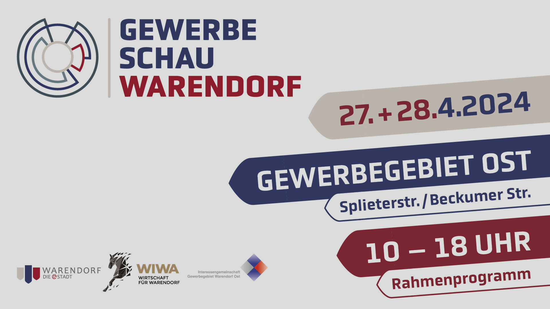 Programm Banner der Gewerbeschau Warendorf 2024 vom 27.04. bis 28.04.2024 im Gewerbegebiet Ost Splieterstr./Beckumer Str. von 10 - 18 Uhr